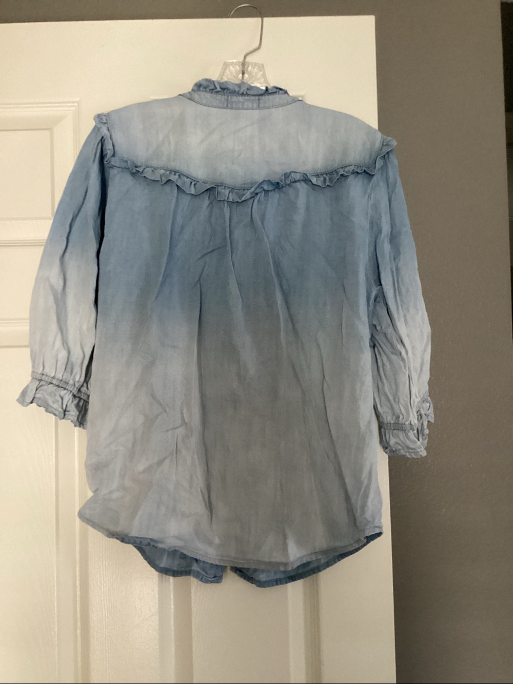 Democracy Washed Light Blue Ruffle-Trim Button-Front Blouse - Picture 3 of 3